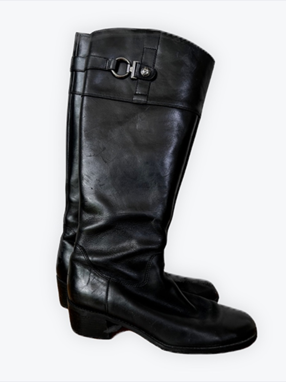 ANNE KLEIN Evon Tall Riding Boots Womens Black Leather Side Zip Harness | Size 9